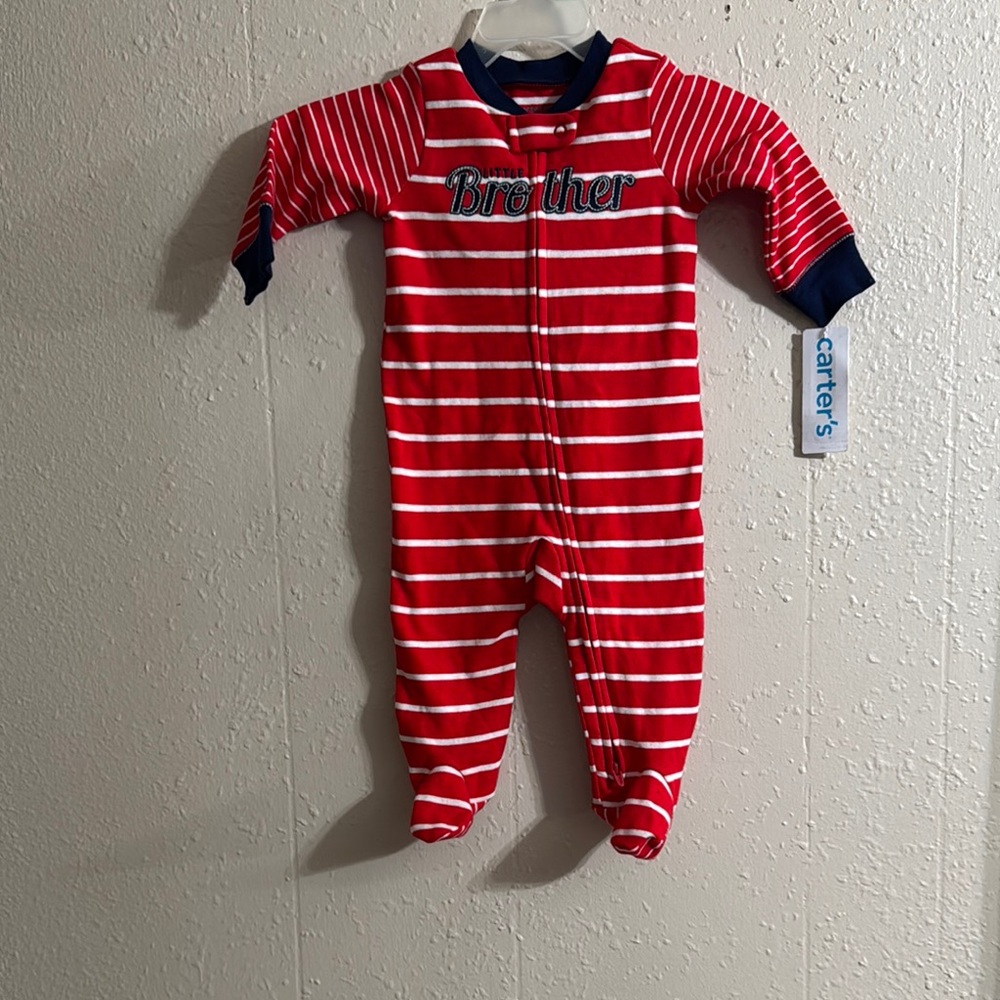 Red and White Striped Footie Pajama with Navy Trim 6months
